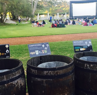 A grassy outdoor area features a large inflatable movie screen with people sitting on blankets to watch an open-air film. In the foreground, three wooden trash bins are labeled for landfill, compostable, and recyclable waste, promoting waste separation and environmental awareness. The environment is surrounded by trees and a relaxed atmosphere is evident.